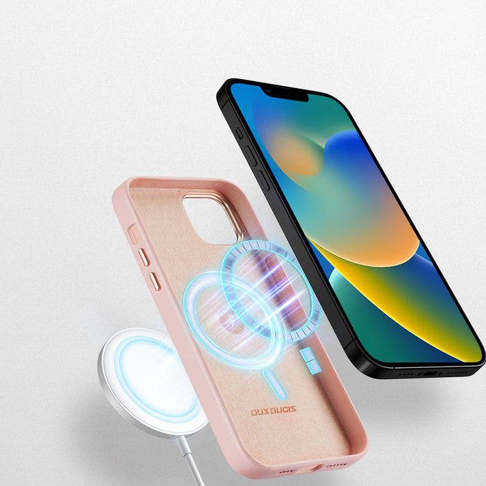 Dux Ducis Grit Leather Case for iPhone 14 Plus Elegant Faux Leather Cover (MagSafe Compatible) Pink - Cell phone cases