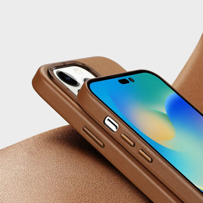 Dux Ducis Grit Leather Case for iPhone 14 Pro Max Elegant Faux Leather Cover (MagSafe Compatible) Brown - Cell phone