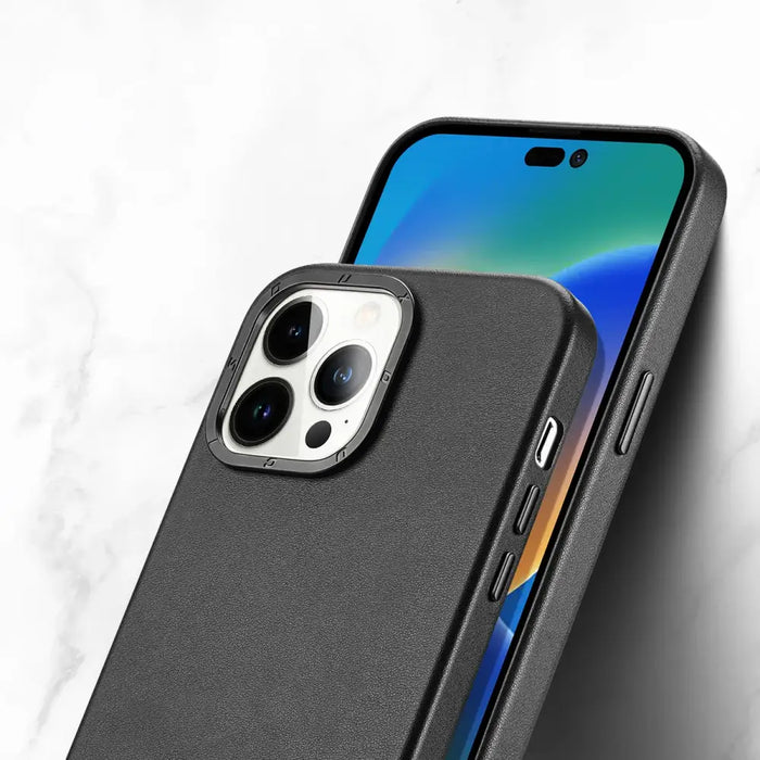 Dux Ducis Grit Leather Case for iPhone 14 Pro Max Elegant Faux Leather Cover (MagSafe Compatible) Black - Cell phone