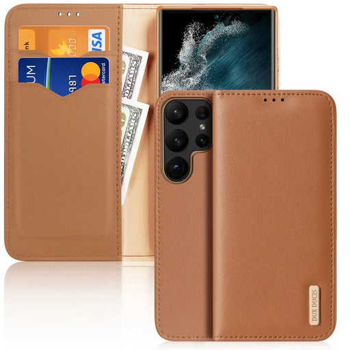 Dux Ducis Hivo Case for Samsung Galaxy S23 Ultra Flip Cover Wallet Stand RFID Blocking Brown - Cell phone cases