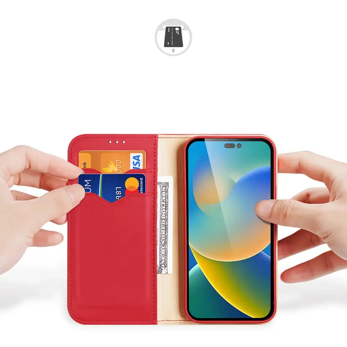 Dux Ducis Hivo Leather Flip Cover Genuine Leather Wallet for Cards and Documents iPhone 14 Pro Red - Cell phone cases