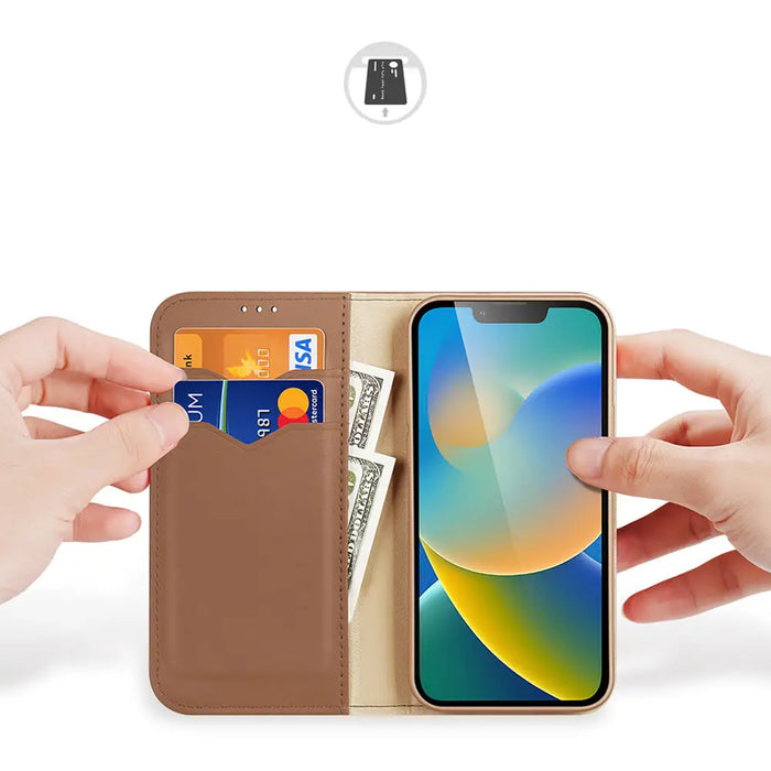 Dux Ducis Hivo Leather Flip Cover Genuine Leather Wallet for Cards and Documents iPhone 14 Brown - Cell phone cases