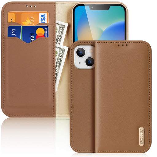 Dux Ducis Hivo Leather Flip Cover Genuine Leather Wallet for Cards and Documents iPhone 14 Plus Brown - Cell phone