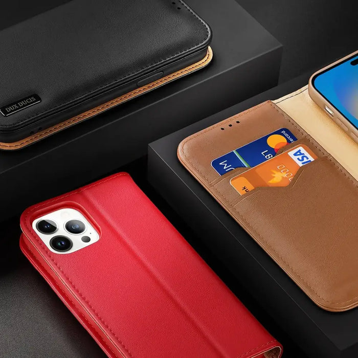 Dux Ducis Hivo Leather Flip Cover Genuine Leather Wallet for Cards and Documents iPhone 14 Pro Red - Cell phone cases