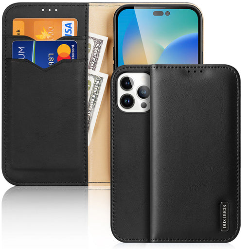 Dux Ducis Hivo Leather Flip Cover Genuine Leather Wallet for Cards and Documents iPhone 14 Pro Max Black - Cell phone