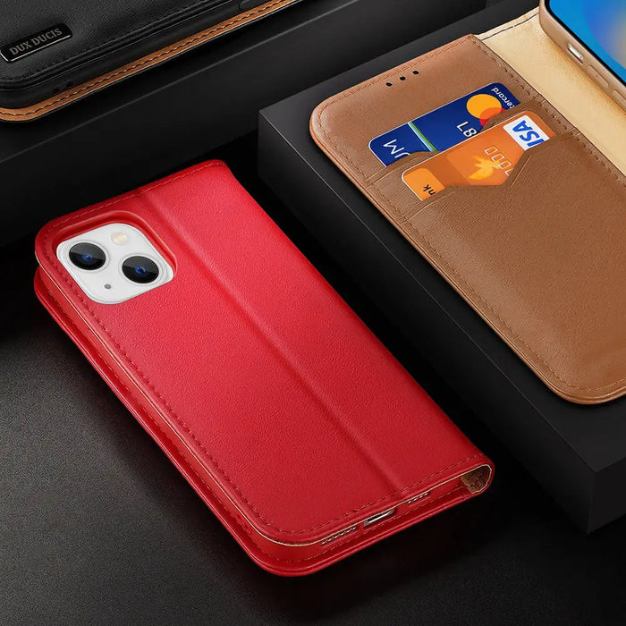 Dux Ducis Hivo Leather Flip Cover Genuine Leather Wallet for Cards and Documents iPhone 14 Brown - Cell phone cases