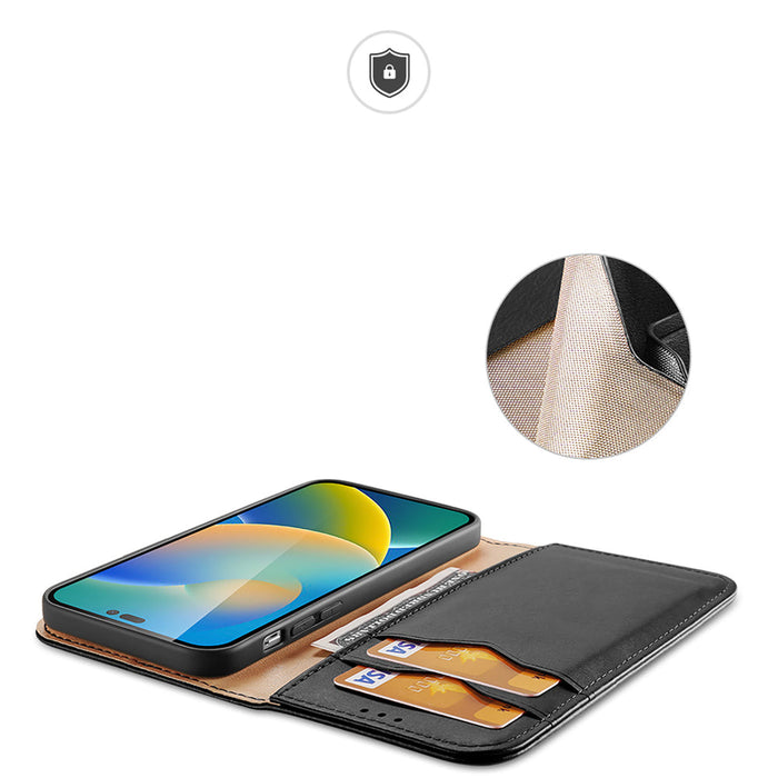 Dux Ducis Hivo Leather Flip Cover Genuine Leather Wallet for Cards and Documents iPhone 14 Pro Max Black - Cell phone