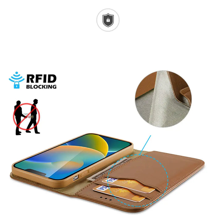Dux Ducis Hivo Leather Flip Cover Genuine Leather Wallet for Cards and Documents iPhone 14 Brown - Cell phone cases