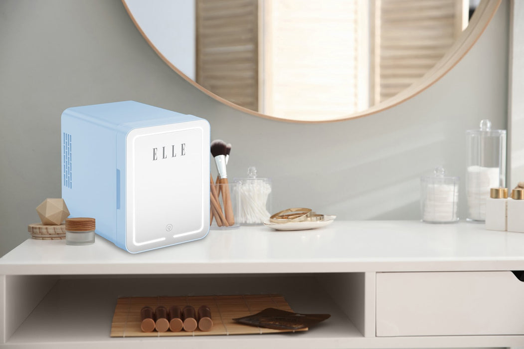 ELLE 4L mini fridge with LED make-up mirror, blue
