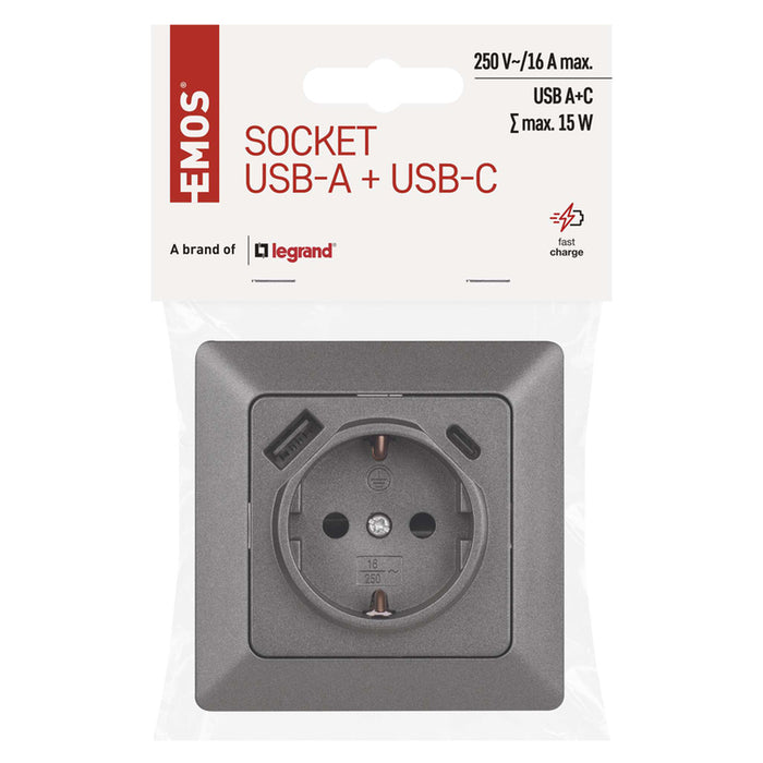 CONTACT WITH USB-A+C 3.0A ANTHRACITE EMOS