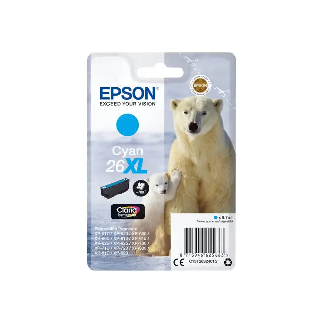 EPSON 1LB 26XL ink cartridge cyan high capacity 9.7ml 700 pages 1-pack blister without alarm - Мастила и Мастилени