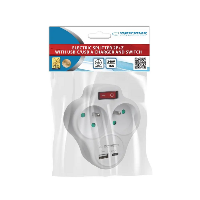 Esperanza ELK311W Electrical splitter 2 GN. USB-C USB-A ON. White - Jacks plugsKWT-WTY<<<Cables jacks