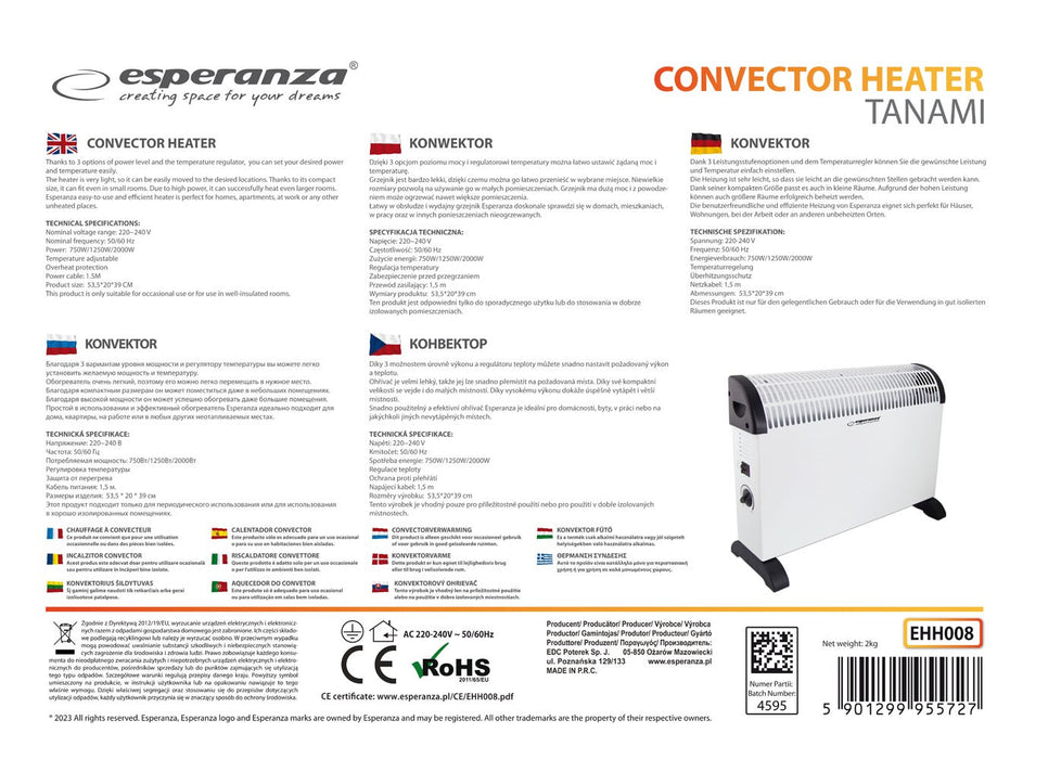 Esperanza EHH008 electric space heater Indoor White 2000 W Convector electric space heater