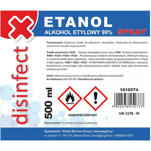 ETHANOL - Ethyl alcohol denatured DISINFECT 99% spray 500ml - *Temporary category<<<HurtelXML