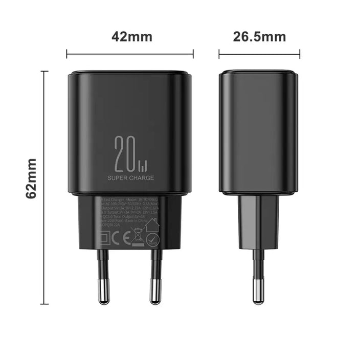 EU Joyroom JR-TCF05 20W USB-A USB-C charger + USB-C cable - black - Lightning