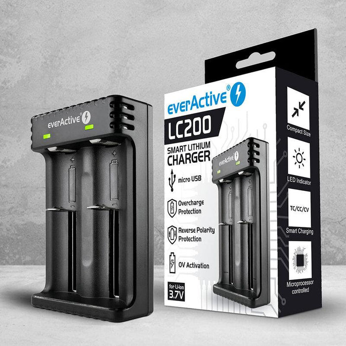 Charger for LiIon batteries 3.7v CR18650,CR123,14500 2 sockets USB micro LC-200 EverActive