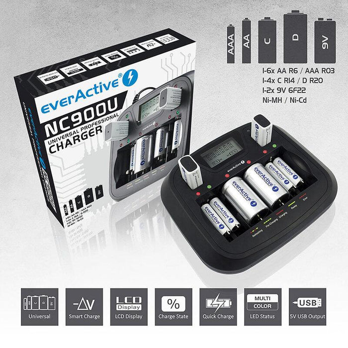 Universal Charger NIMH R6,03,14,20,22 with microprocessor NC900U EVERACTIVE