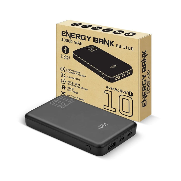 Powerbank 10 000mAh, 1x USB, 2x USB-C, 20W, QC4+, LCD screen, black
