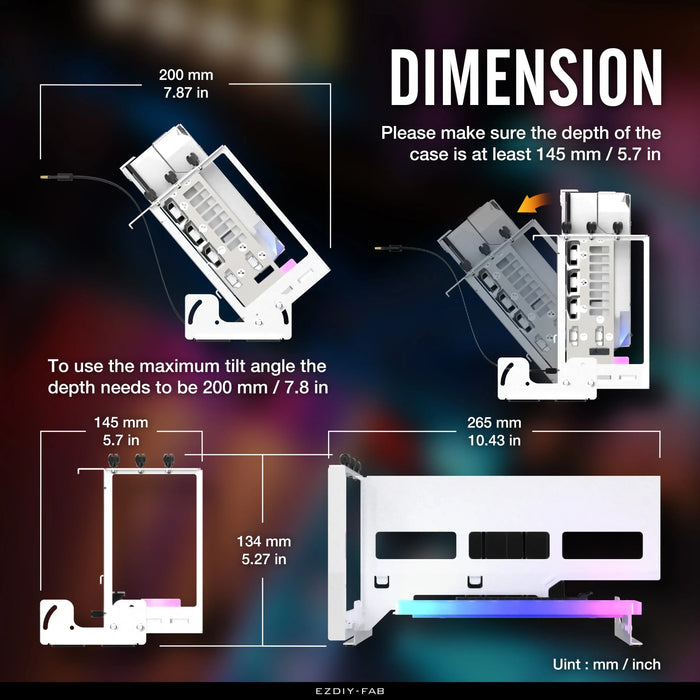 45° GPU Vertical Mounting Bracket EZDIY-FAB ARGB PCIe 4.0 Riser Cable - White