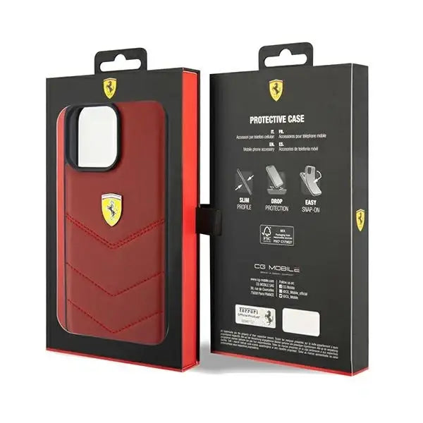 Ferrari Leather Stitched Lines case for iPhone 15 Pro Max - red - Cell phone cases and covers<<<HurtelXML