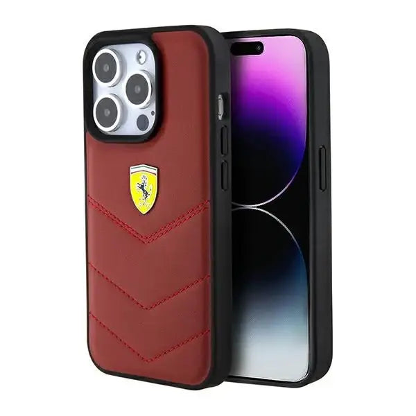 Ferrari Leather Stitched Lines case for iPhone 15 Pro - red - Cell phone cases and covers<<<HurtelXML