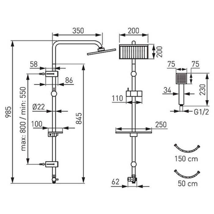 SHOWER SYSTEM WITHOUT MIXER SQUERTO LUX HR