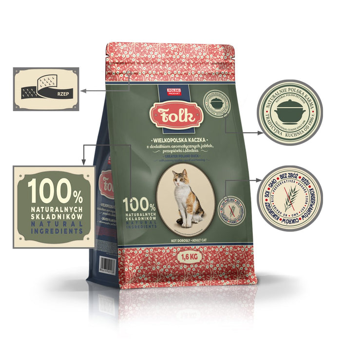 FOLK Greater Poland duck with apples, quail and herring - dry cat food - 1,6kg
