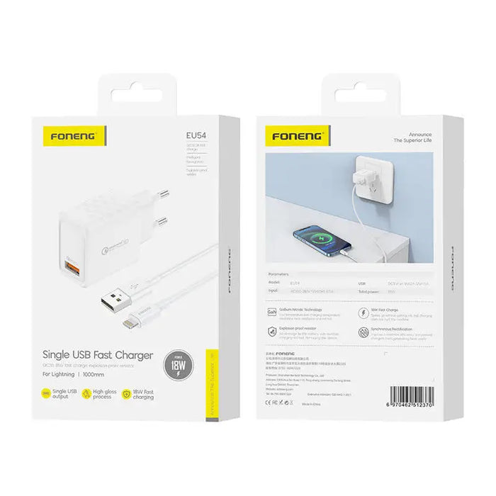 Foneng EU54 18W USB-A 3A mains charger (White) + USB-A to Lightning cable - mains chargers<<<Chargers<<<GSM
