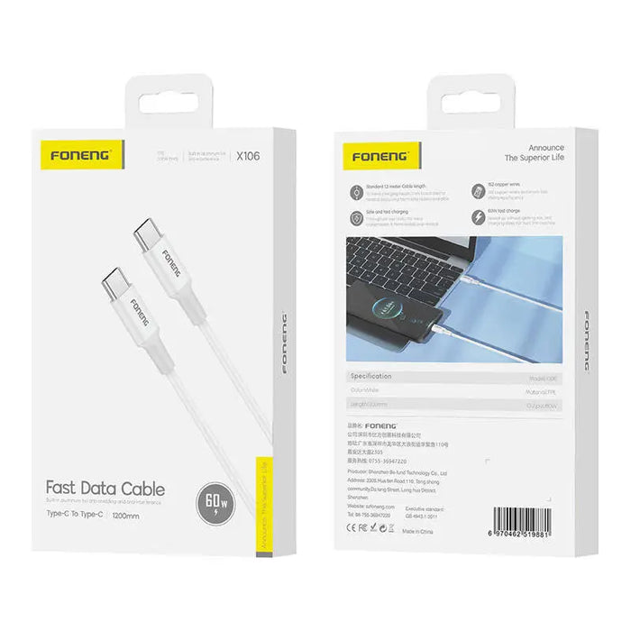 Foneng X106 60W USB-C to USB-C cable 1.2m (white) - USB-C to USB-C<<<USB cables<<<GSM Accessories<<<InnproXML