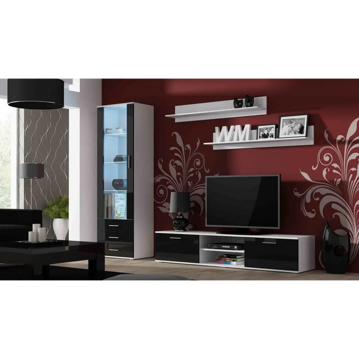 Furniture set SOHO 1 (RTV180 cabinet + S1 cabinet + shelves) White/Black Gloss - Modern wall unitsMES-NOW<<<Wall