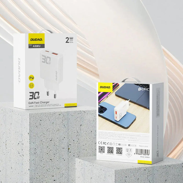 GaN Dudao A30EU 30W USB-A / USB-C Wall Charger - White - Cell phone USB charger<<<HurtelXML