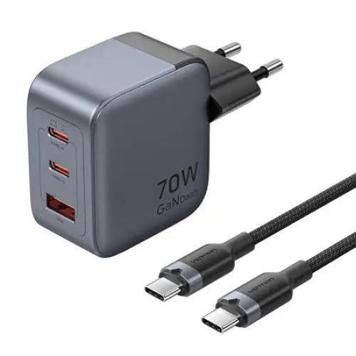 GaN Vention USB-C + C + A 70W Charger + USB-C-C Cable 1m (Gray) - mains chargers<<<Chargers<<<GSM
