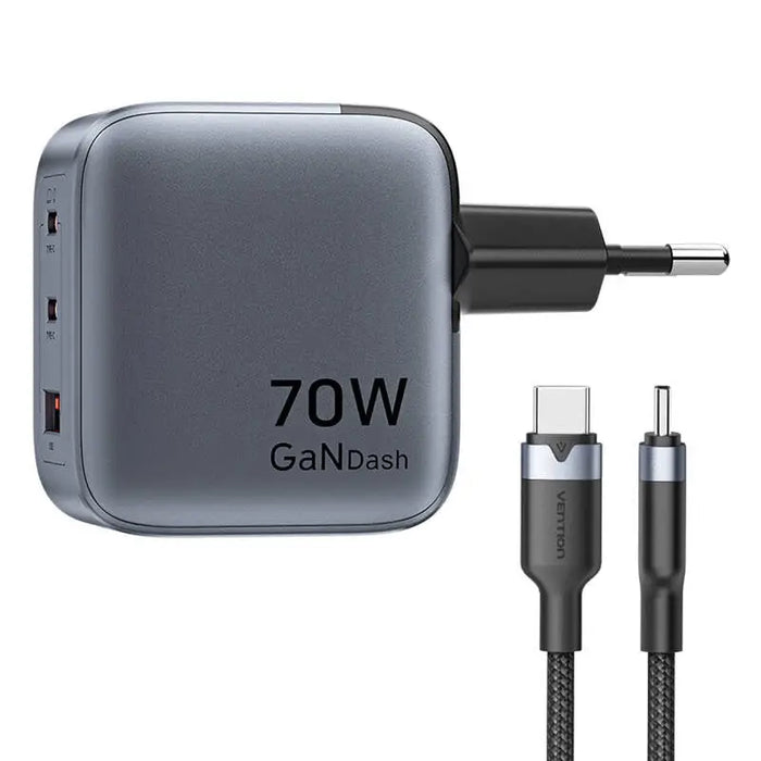 GaN Vention USB-C + C + A 70W Charger + USB-C-C Cable 1m (Gray) - mains chargers<<<Chargers<<<GSM
