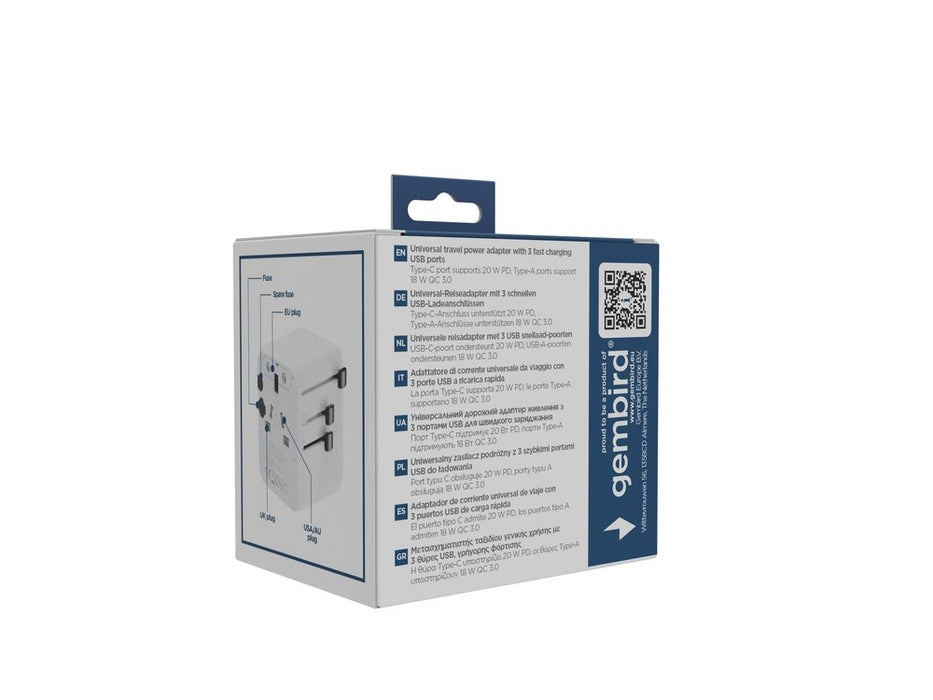 Gembird TPA-1A2C20-01-W Universal travel power adapter, 20 W, white