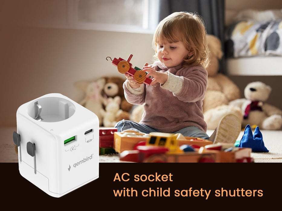 Gembird TPA-EU1A1C20-01-W Grounded universal travel power adapter, 20 W, white