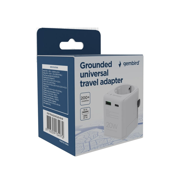 Gembird TPA-EU1A1C20-01-W Grounded universal travel power adapter, 20 W, white