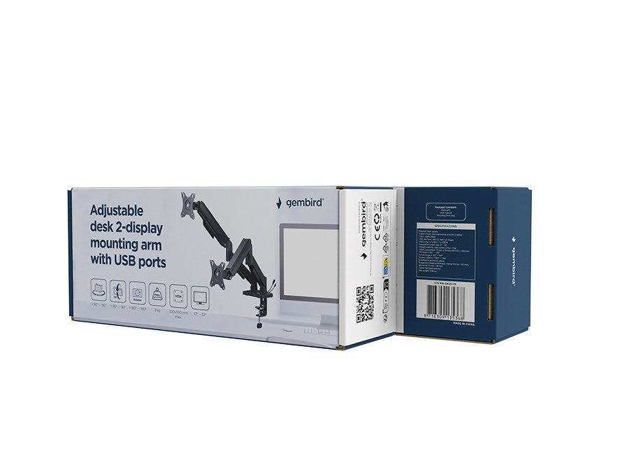 Gembird MA-DA2U-01 Adjustable desk 2-display mounting arm with USB ports, 17”-32”, black