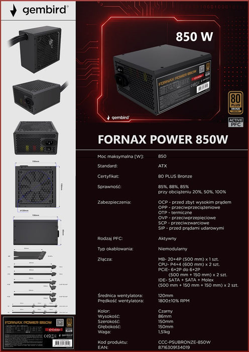 Gembird CCC-PSUBRONZE-850W Power supply unit Fornax Power 850W active PFC 12cm fan 80+Bronze color box