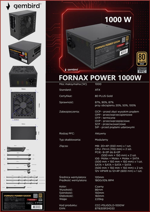 Gembird CCC-PSUGOLD-1000W Power supply unit Fornax Power 1000W active PFC 12cm fan 80+Gold