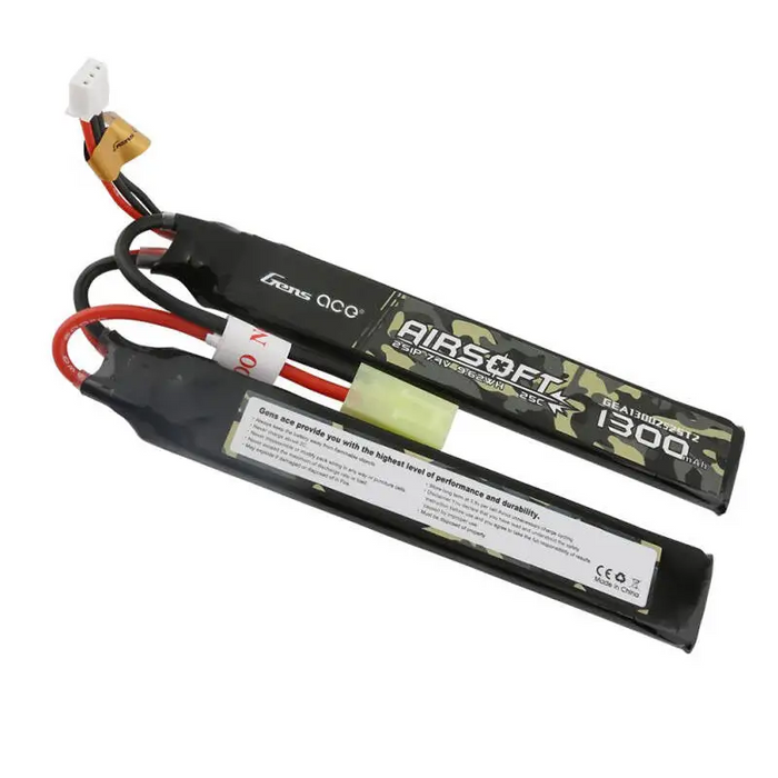 Gens ace 25C 1300mAh 2S1P 7.4V Saddle Airsoft Gun Lipo Battery with mini Tamiya Plug - Lithium