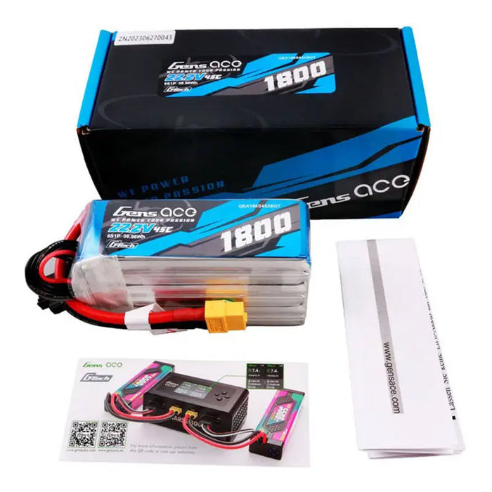 Gens ace G-Tech 1800mAh 22.2V 45C 6S1P Lipo Battery Pack with XT60 Plug - Lithium and NiMH<<<Batteries<<<RC