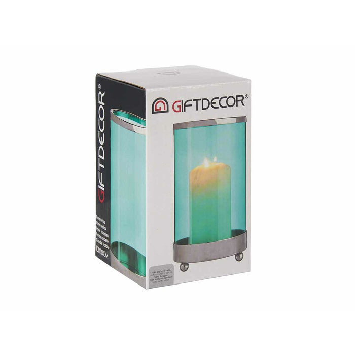 Candleholder Gift Decor Blue Silver Metal Glass 9,7 x 16,5 x 9,7 cm Cylinder