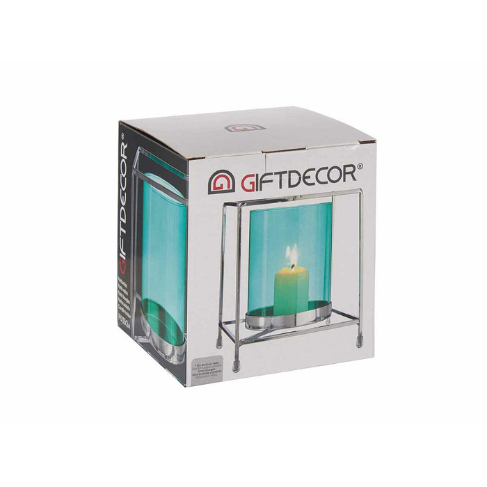 Candleholder Gift Decor Blue Silver Metal Glass 14 x 15,5 x 14 cm Squared