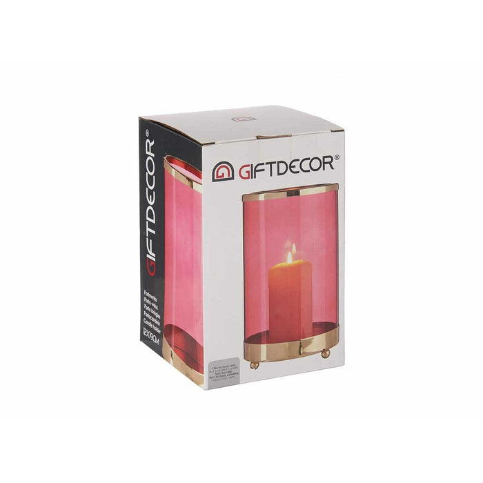 Candleholder Gift Decor Pink Golden Metal Glass 12,2 x 19,5 x 12,2 cm Cylinder