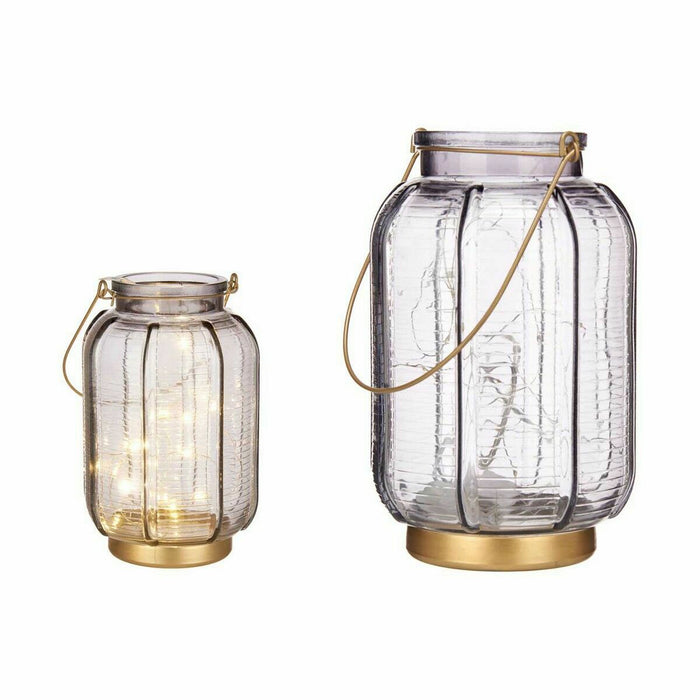 LED Lantern Gift Decor Grey Golden Glass Stripes 14 x 22 x 14 cm 13,5 x 22 x 13,5 cm (6 Units)