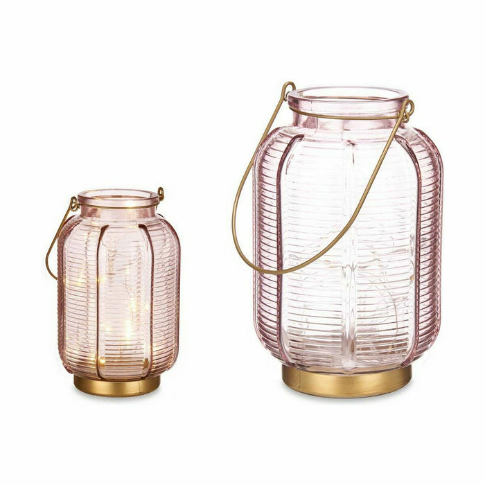 LED Lantern Gift Decor Pink Golden Glass Stripes 13,5 x 22 x 13,5 cm (6 Units)
