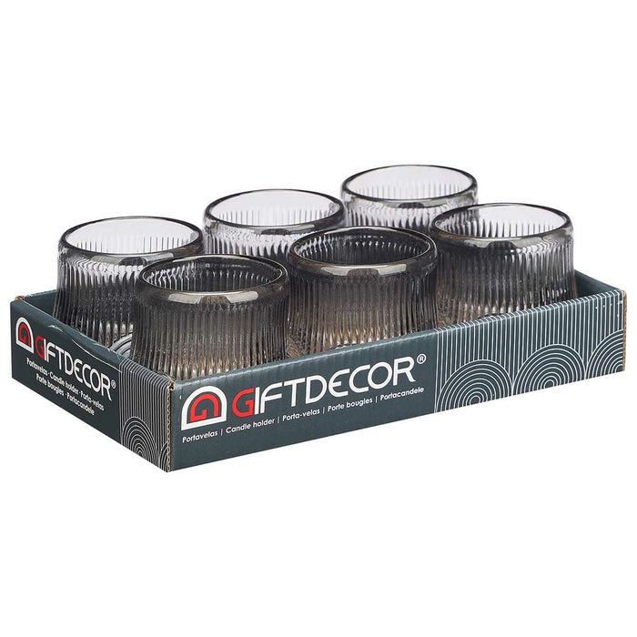 Candleholder Gift Decor Grey Crystal 7,5 x 7,8 x 7,5 cm Stripes (12 Units)