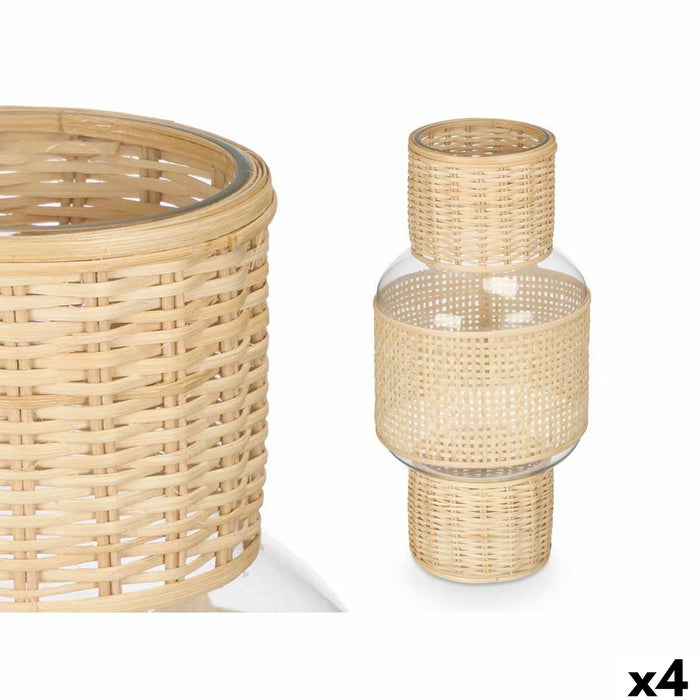 Candleholder Gift Decor Transparent Natural Glass Rattan 18 x 38 x 18 cm (4 Units)