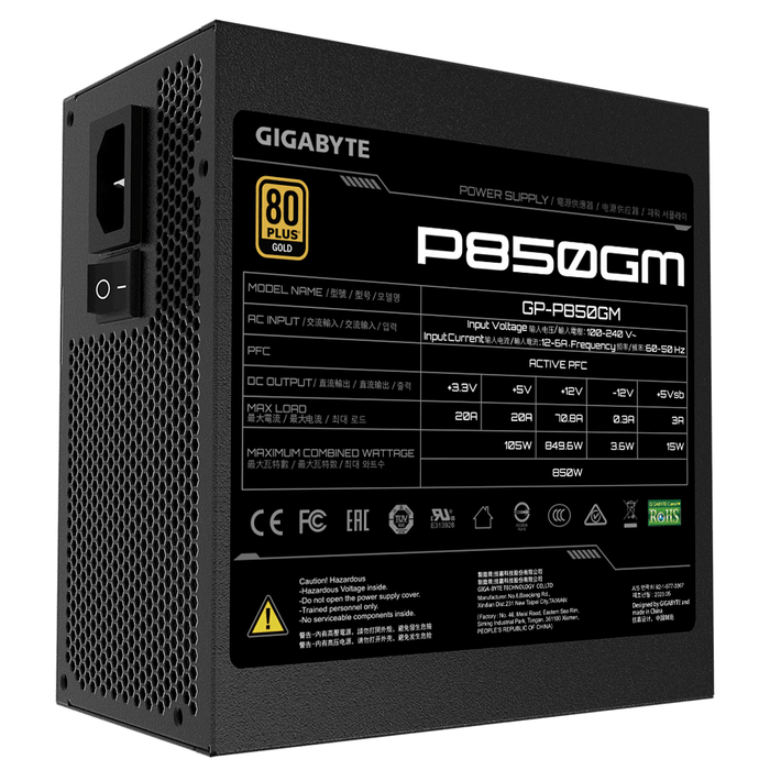 Power supply unit Gigabyte P850GM, 850W, 80+ GOLD, Modular