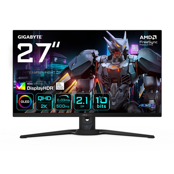 GIGABYTE AORUS FO27Q5P OLED QHD Gaming Monitor - 2560 x 1440, 500Hz, 0.03ms, KVM, 300 cd/m², FreeSync Premium Pro, DisplayHDR True Black 500, DisplayPort 2.1